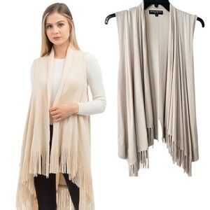 NWOT Central Park West Open Front Tan Fringe Knit Cardigan Vest Layering Top M